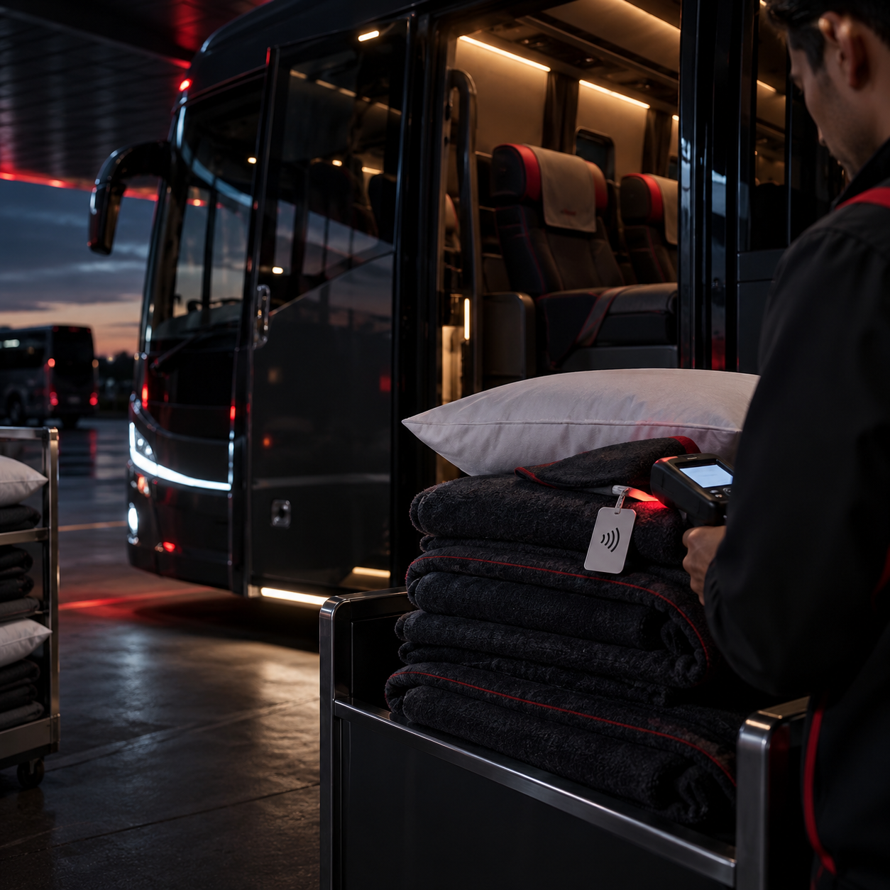 Ônibus leito com cobertores identificados por RFID e operação de conferência de enxoval