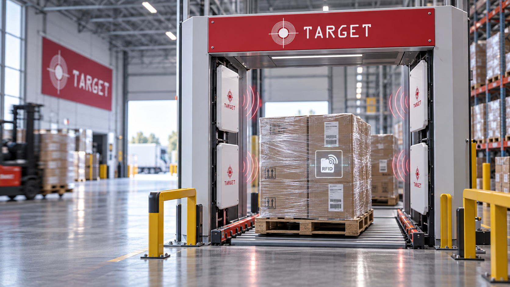Portal RFID da TARGET em armazém automatizado com pallet sendo identificado automaticamente